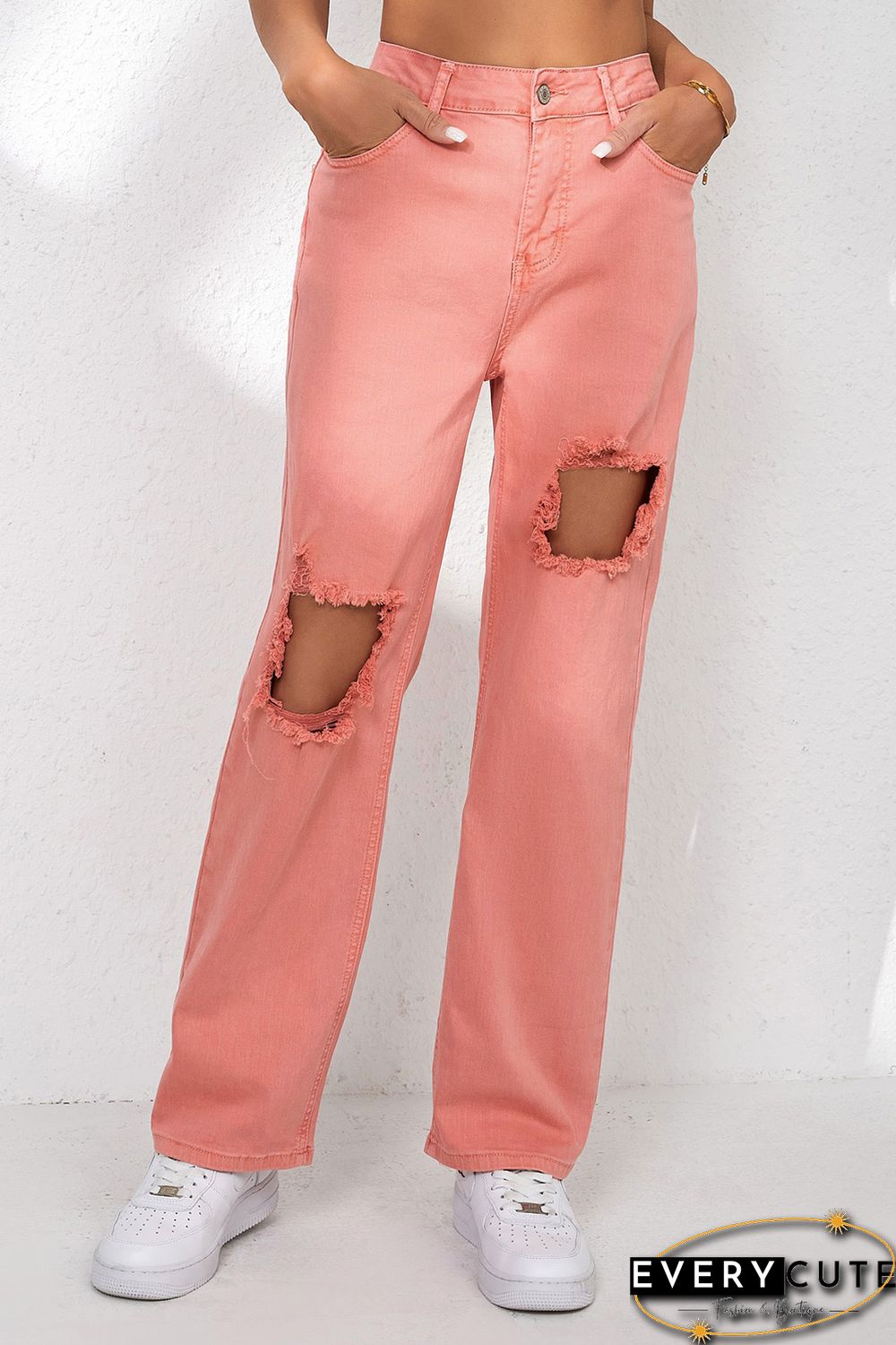 Pink High Waist Ripped Straight Leg Pocket Jeans