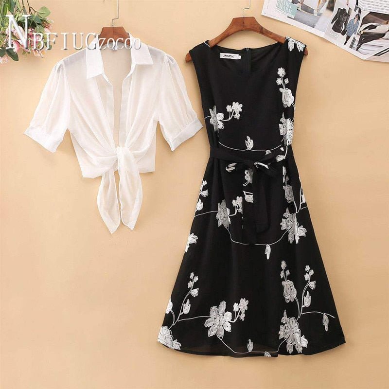 2020 Summer Retro Flower Printed Dress And Solid Color Blouse Women Sets Fashion Female Sets