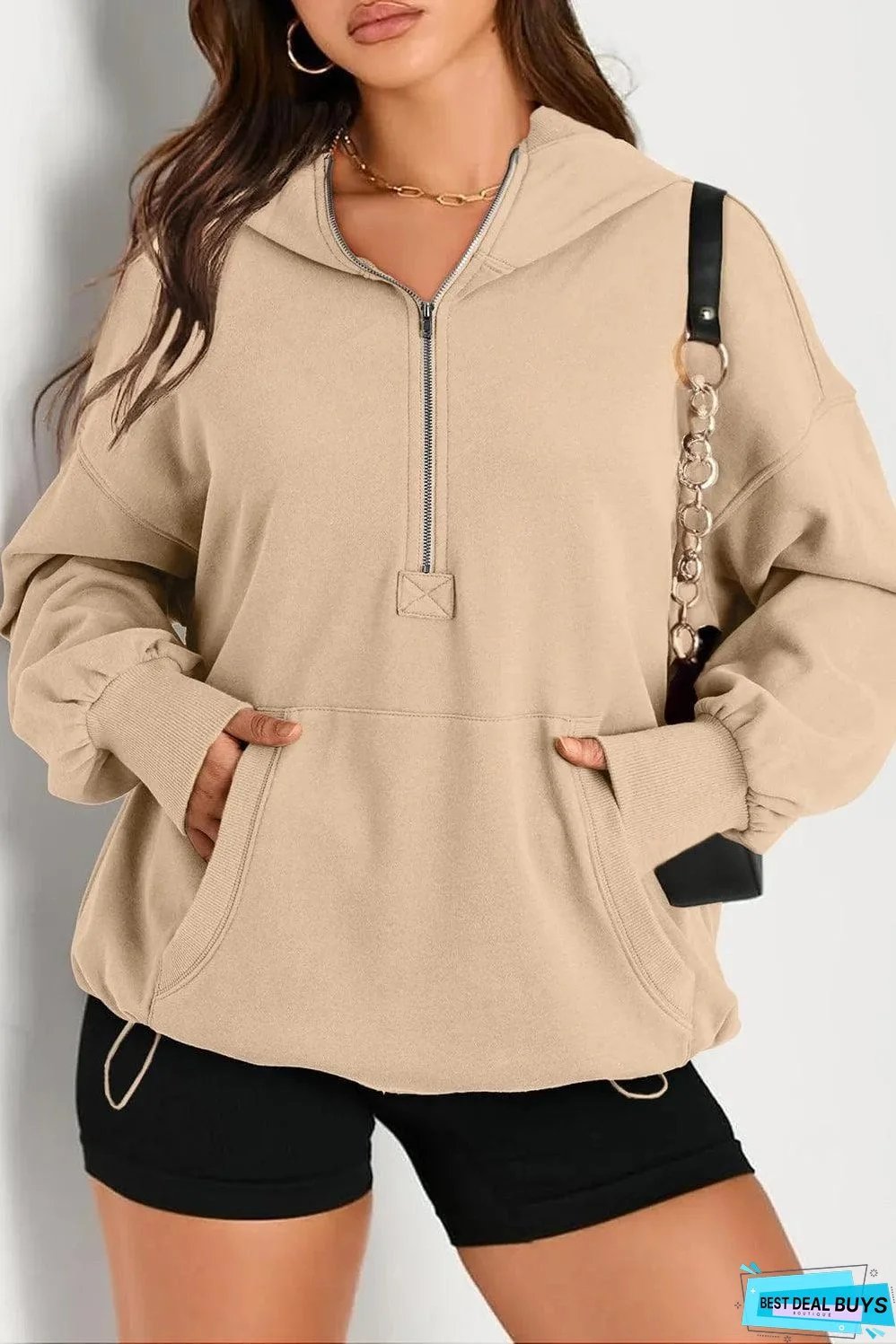 Parchment Solid Kangaroo Pocket Half Zipper Oversized Hoodie