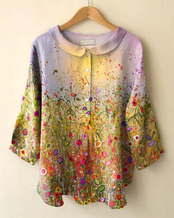 Vintage Floral Print Long Sleeve Peter Pan Collar Shirt