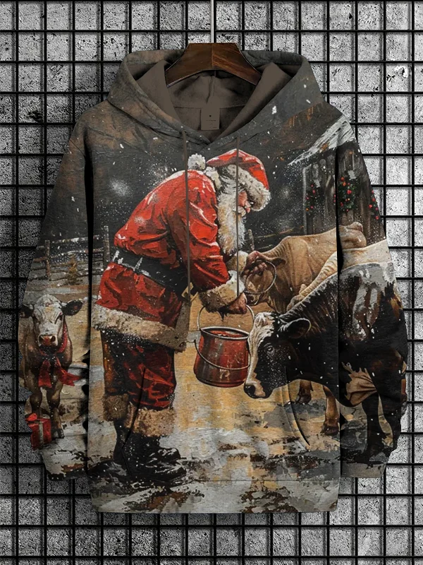 Men's Christmas Farm Santa Claus And Cows Art Print Hooded Sweatshirt