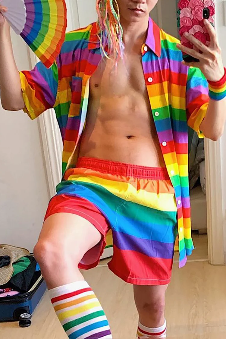 Men's Rainbow Stripe Turndown Collar Half Sleeve Shirt Shorts Two Piece Set