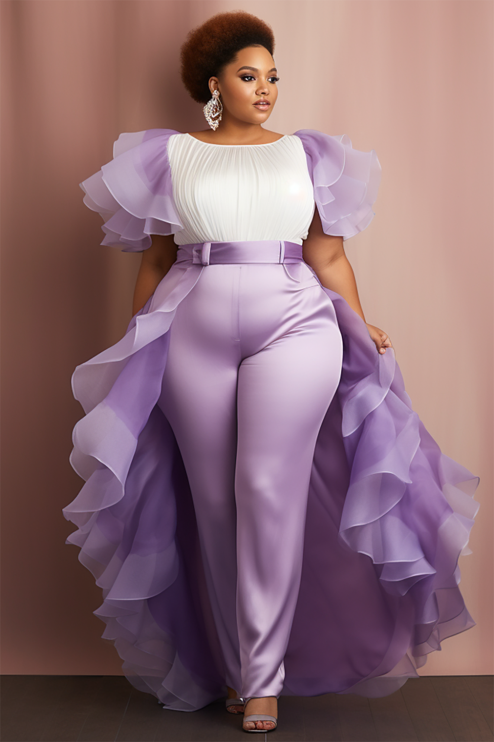 Design Plus Size Semi Formal Elegant Purple Round Neck Petal Sleeve Short Sleeve Peplum Ruffle Organza Jumpsuits [Pre-Order]