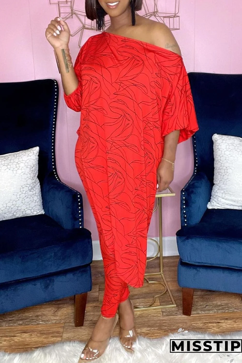 Camouflage Fashion Casual Print Asymmetrical Oblique Collar Three Quarter Two Pieces