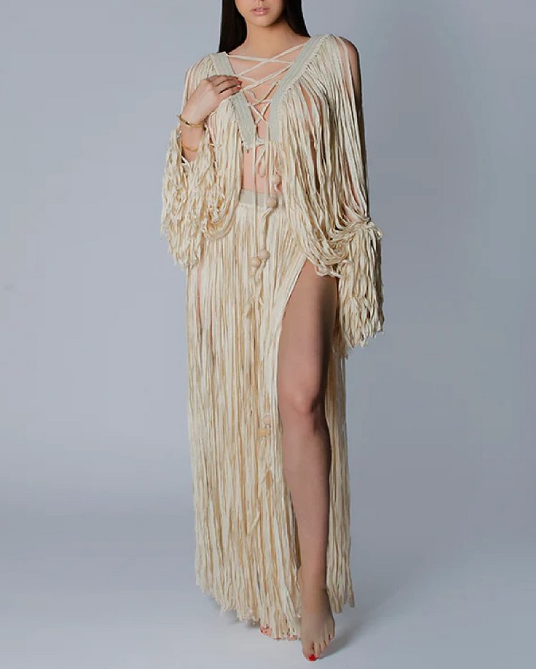 Casual Tassel Ragged Top Slit Long Skirt Suit