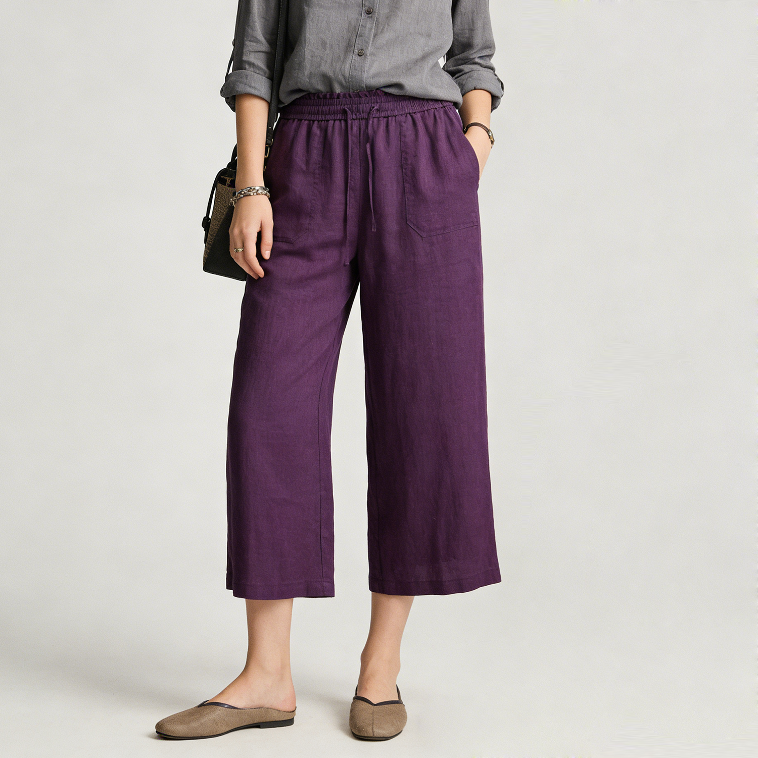 100% European Linen Pants for Women Cropped Elastic High Waist REAL SILK LIFE