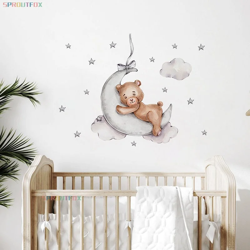 Brown Bear Sleeping on the Moon Wall Stickers for Kids Room Baby Nursery Home Decorative Cartoon Animal Wall Vinyl Decals