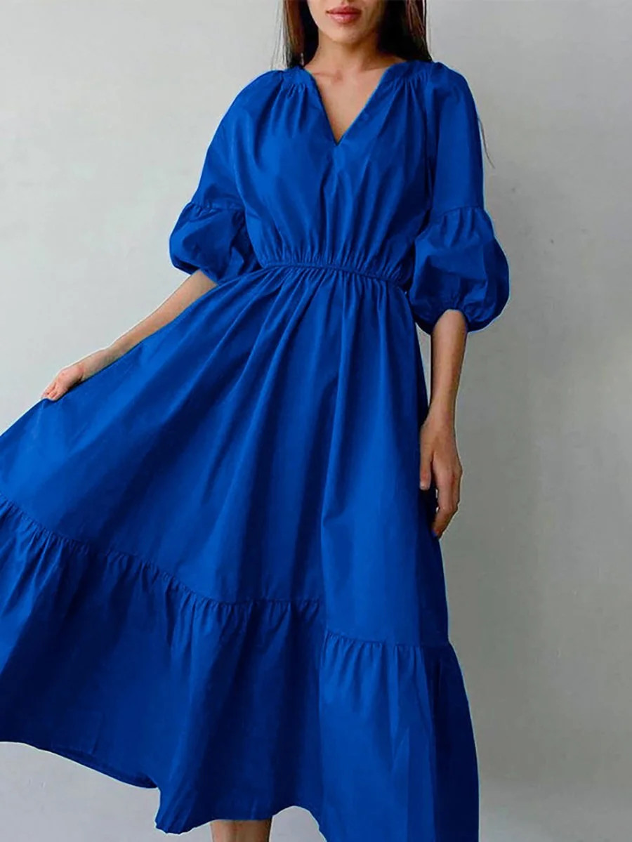 Solid V-Neck Puff Sleeve Midi Dress