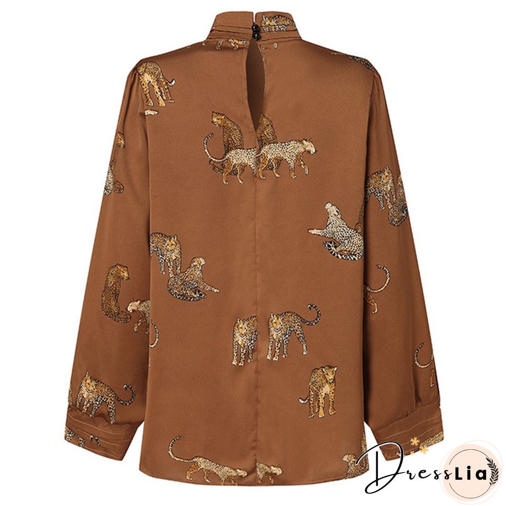 Celmia Women Long Sleeve Stand Collar Shirt Animal Print Tops Elegant Casual Loose Blouses Plus Size