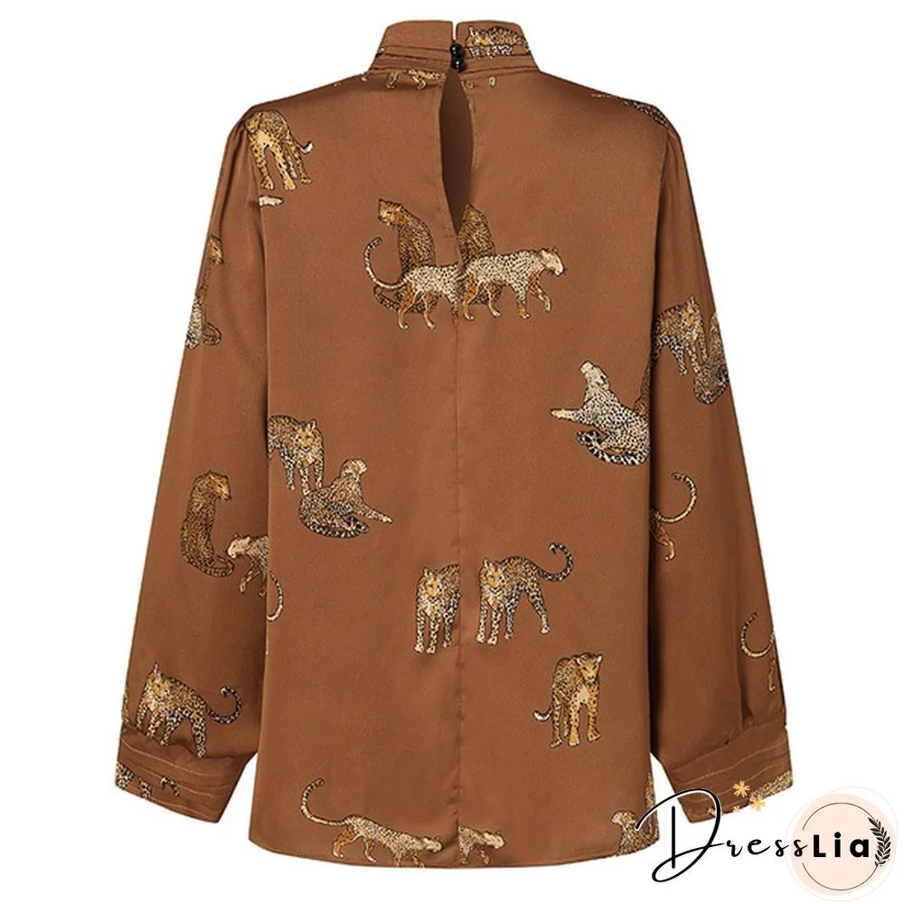 Celmia Women Long Sleeve Stand Collar Shirt Animal Print Tops Elegant Casual Loose Blouses Plus Size