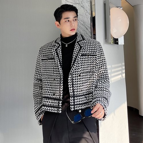 -Small Fragrance Jacket Houndstooth Short Jacket Men's Korean Loose Net Red Retro Suit-Usyaboys-Mne and Women's Street Fashion Shop-Christmas