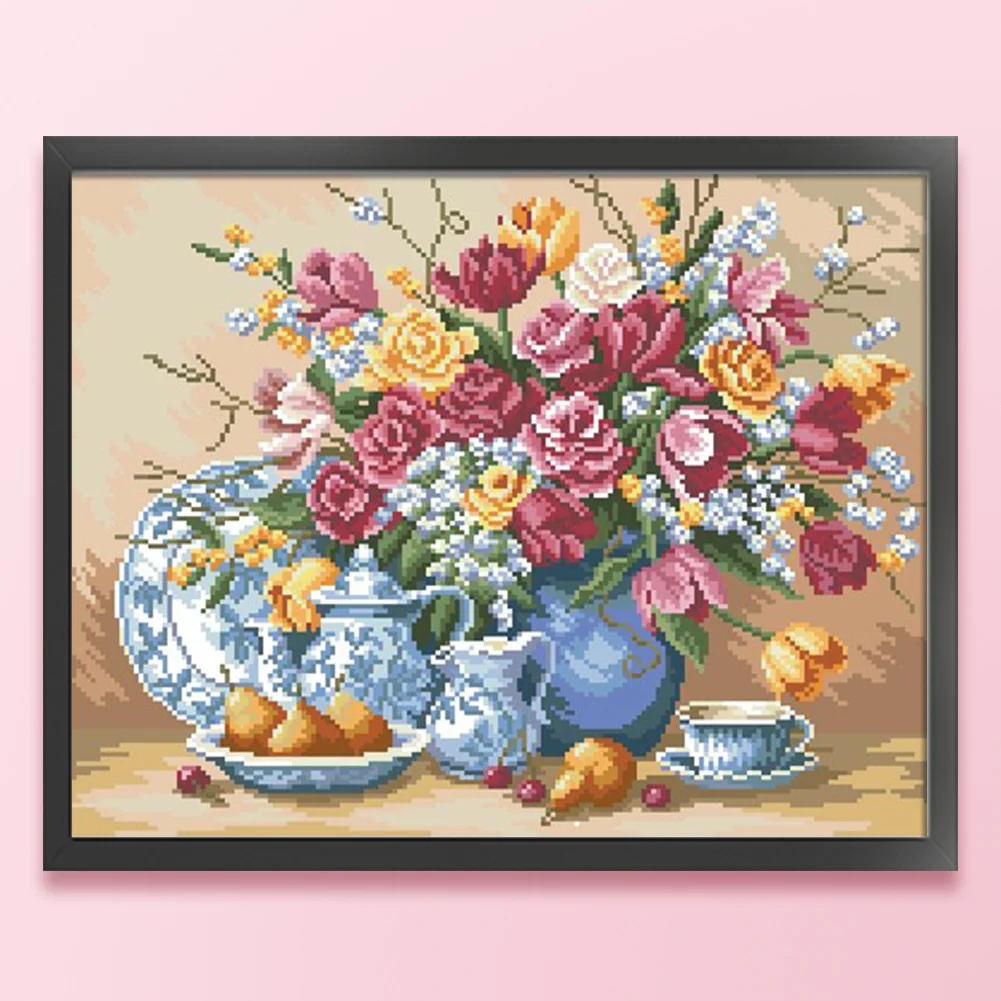9CT Full Stamped Cross Stitch Bead Embroidery- Flower(Canvas|51*40CM)