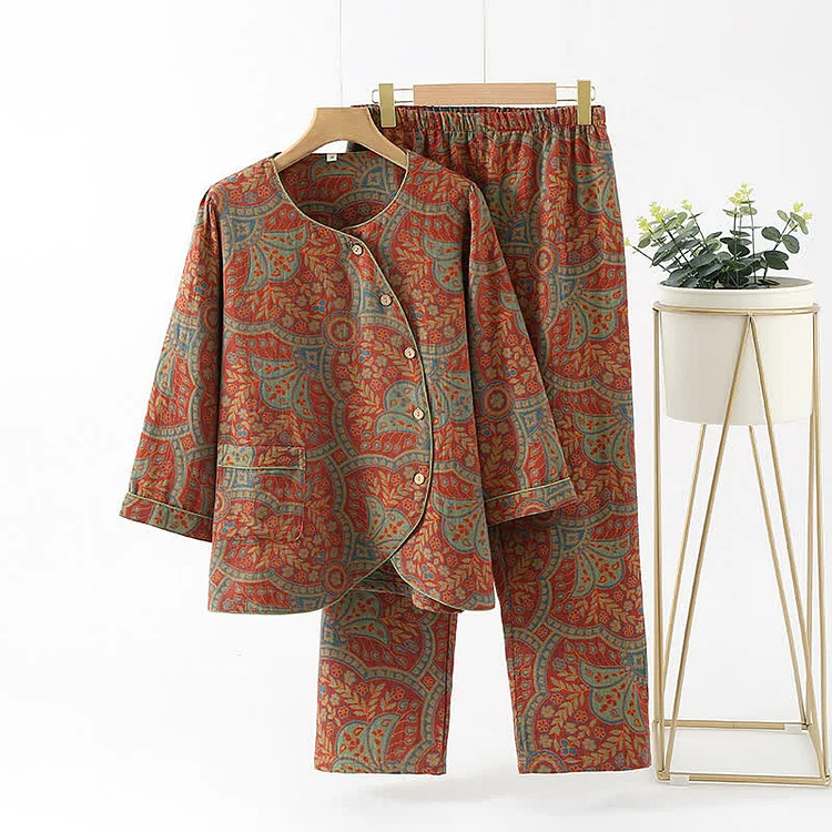 Vintage Jacquard Round Neck Loungewear Set Radinnoo.com