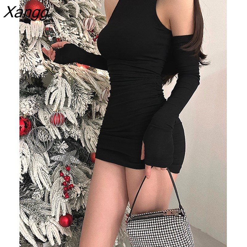 Xangg Sexy High Neck Skinny Slim long Sleeves Pleated mini Dress slim Hip Wrap mini dresses fashion sweet korean HJ2K