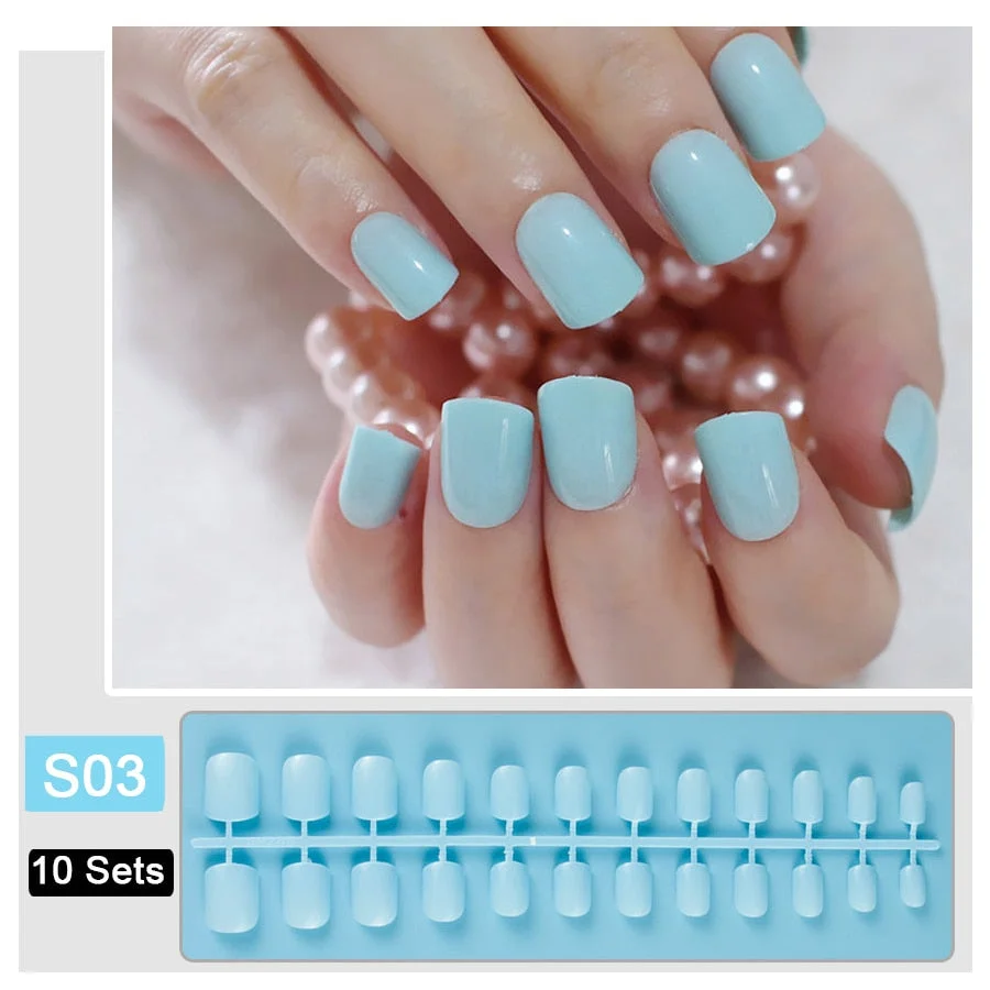 10 Sets/Pack Mixed Solid Colors Coffin Round Square Almond Shape False Nails Full Cover Nail Tips Short Fake Nails Tip Manicure-Nail Inspo