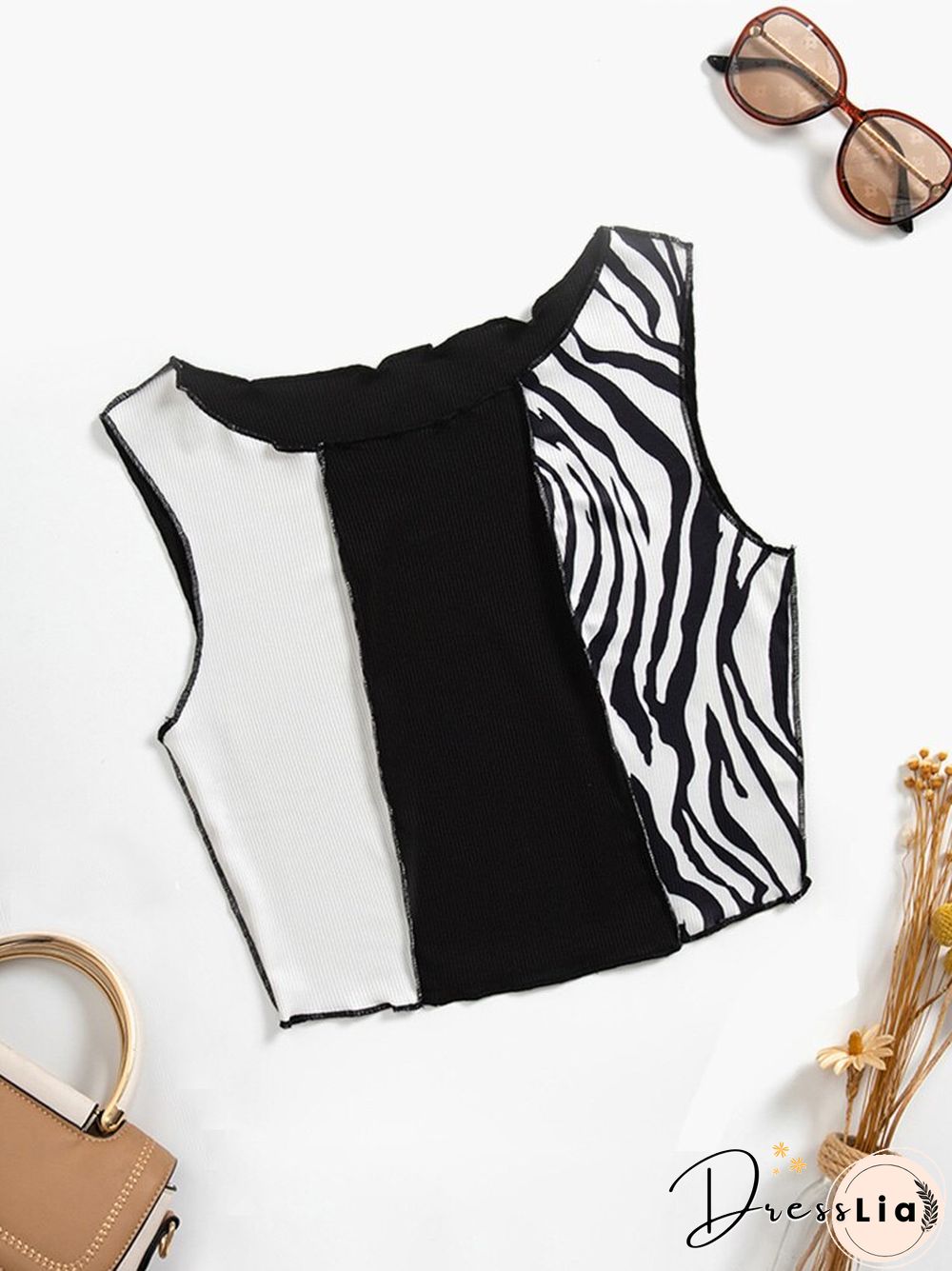 Zebra Stripe Graphic Patchwork Rib Knit Ruched Crop Vest Women Y2K Clothes Summer Harajuku Sleeveless Tank Tops Streetwear
