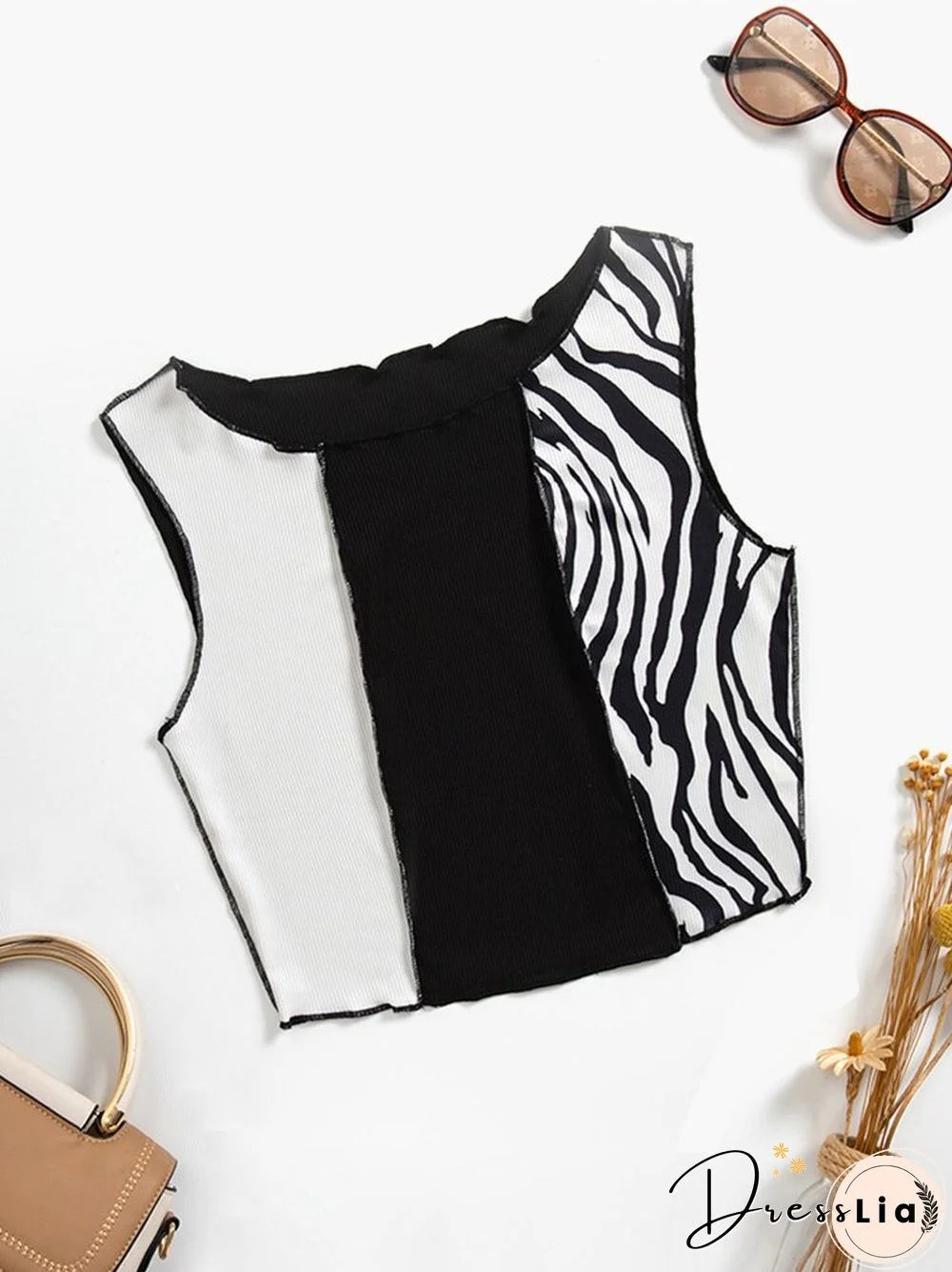 Zebra Stripe Graphic Patchwork Rib Knit Ruched Crop Vest Women Y2K Clothes Summer Harajuku Sleeveless Tank Tops Streetwear