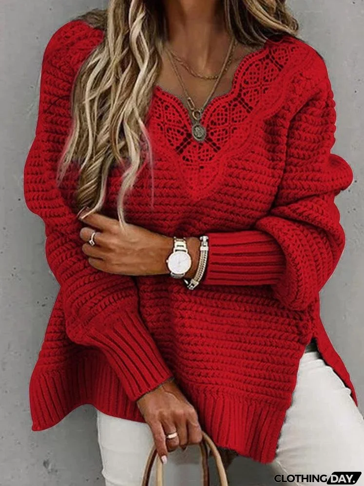 Women's Sweaters Lace Stitching V-Neck Long Sleeve Sweater