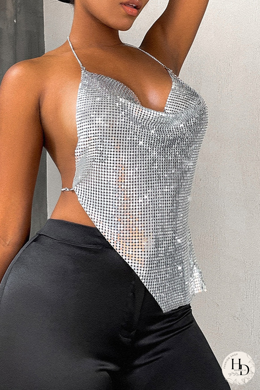 Silver Sexy Solid Split Joint Spaghetti Strap Tops