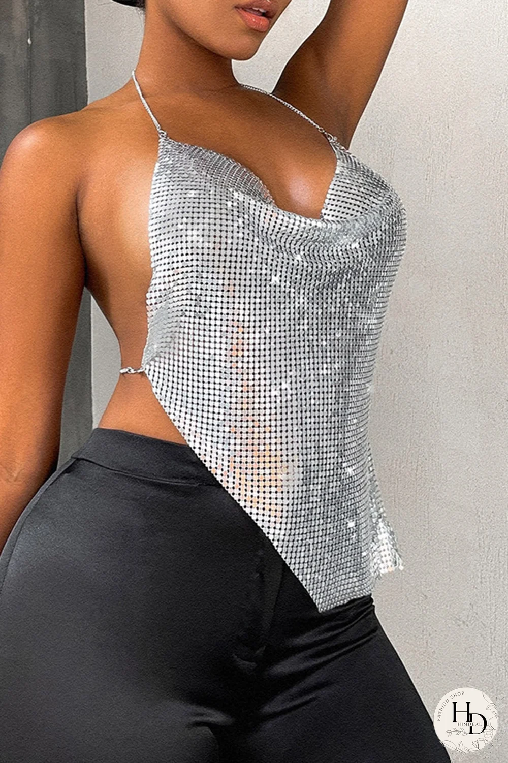 Silver Sexy Solid Split Joint Spaghetti Strap Tops