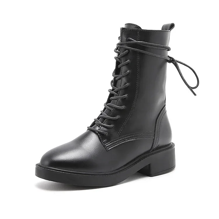 Women's Low Heels Mid Calf Combat Boots Lace-up Biker Boots England Style Radinnoo.com