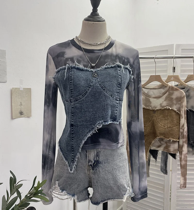 Uveng Vintage Dye Mesh Spliced Denim Shoulder Long-Sleeved T-Shirt T-Shirt T-Shirt Dress 2617