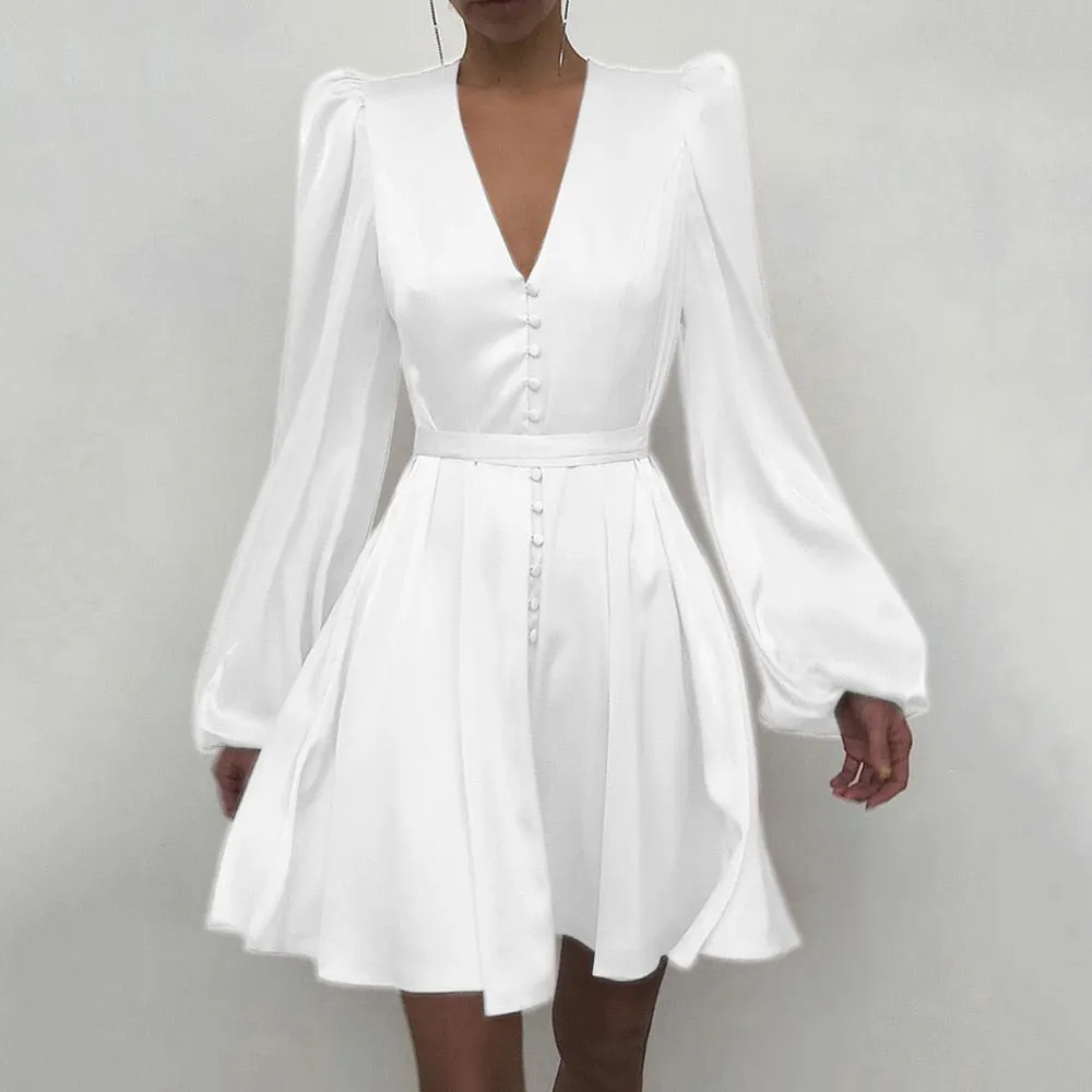Spring Fashion  2021Elegant Women Satin Solid Long Sleeve Dress Button A-Line Mini Dress Casual Loose V-Neck Party Dress Vestido