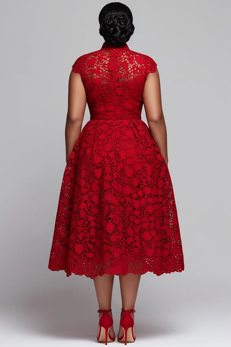 Xpluswear Design Plus Size Valentines Red Round Neck Pocket Elegant Cut Out Lace Midi Dresses