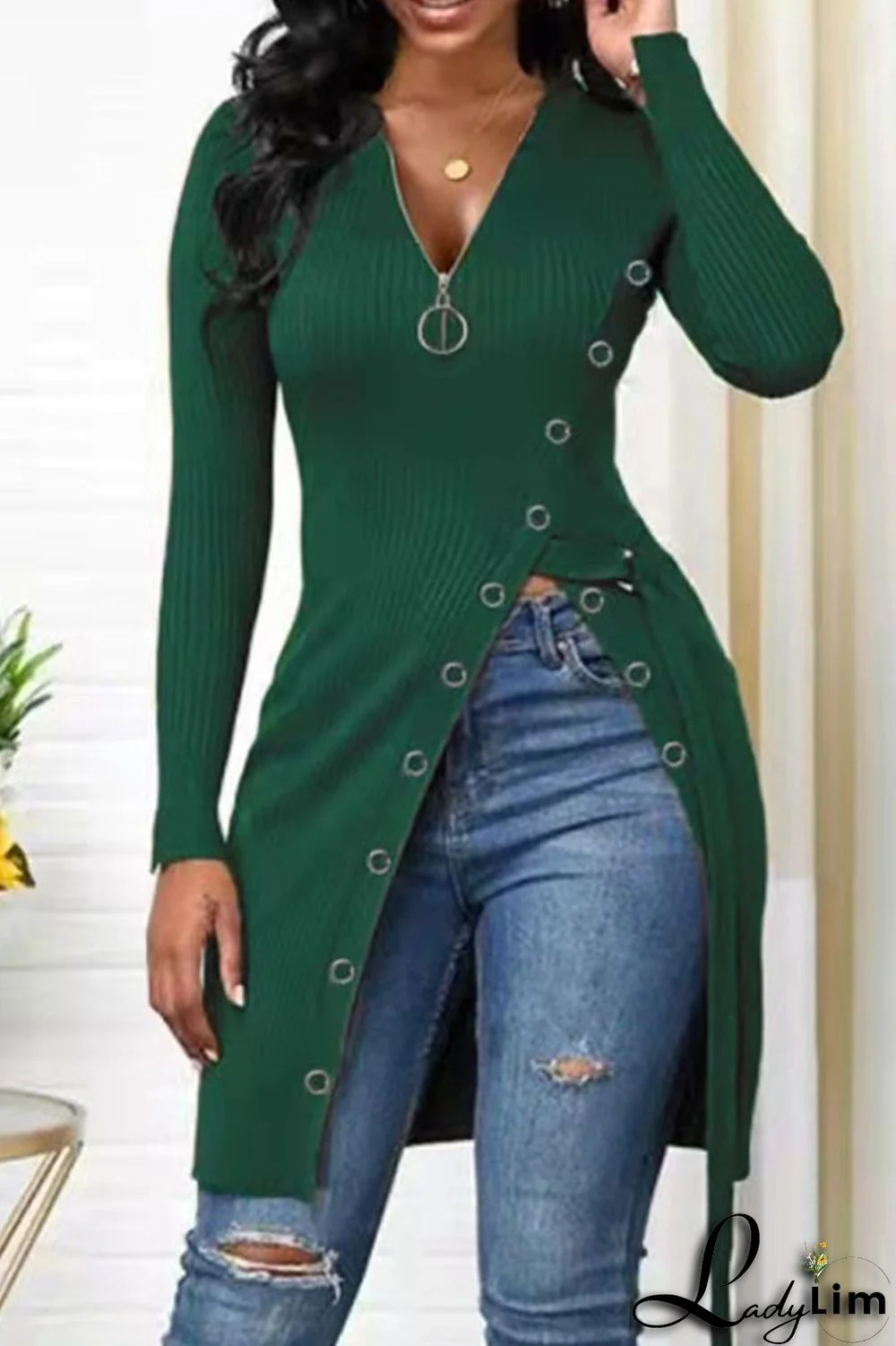 Dark Green Fashion Casual Solid Patchwork Slit Zipper V Neck Tops