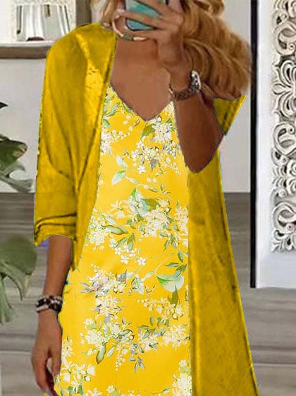 Women's Long Sleeve V-neck Floral Printed Two Pieces Maxi Dress