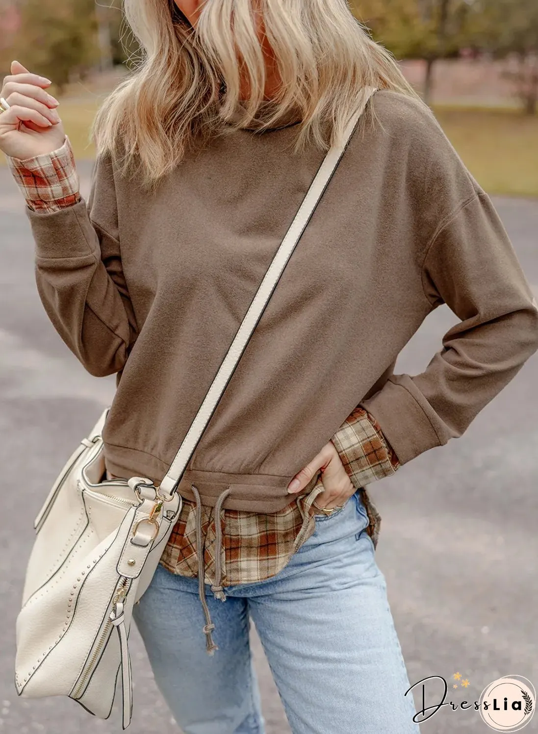 Drawstring Plaid Turtleneck Long Sleeve Top