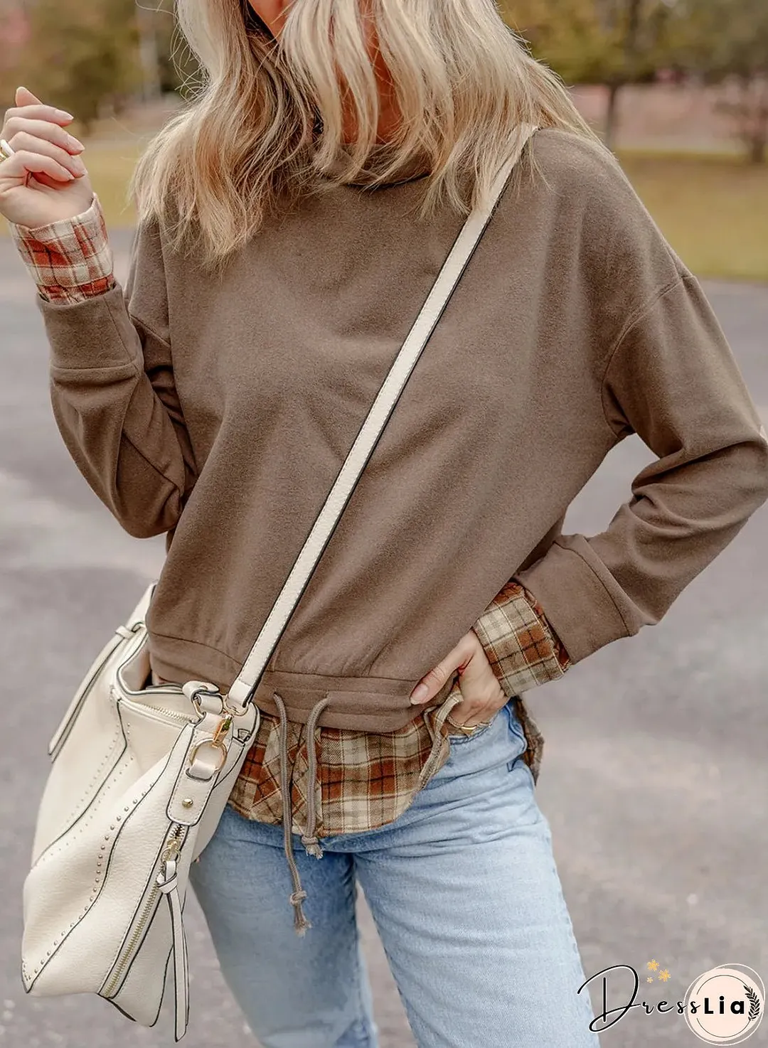 Drawstring Plaid Turtleneck Long Sleeve Top