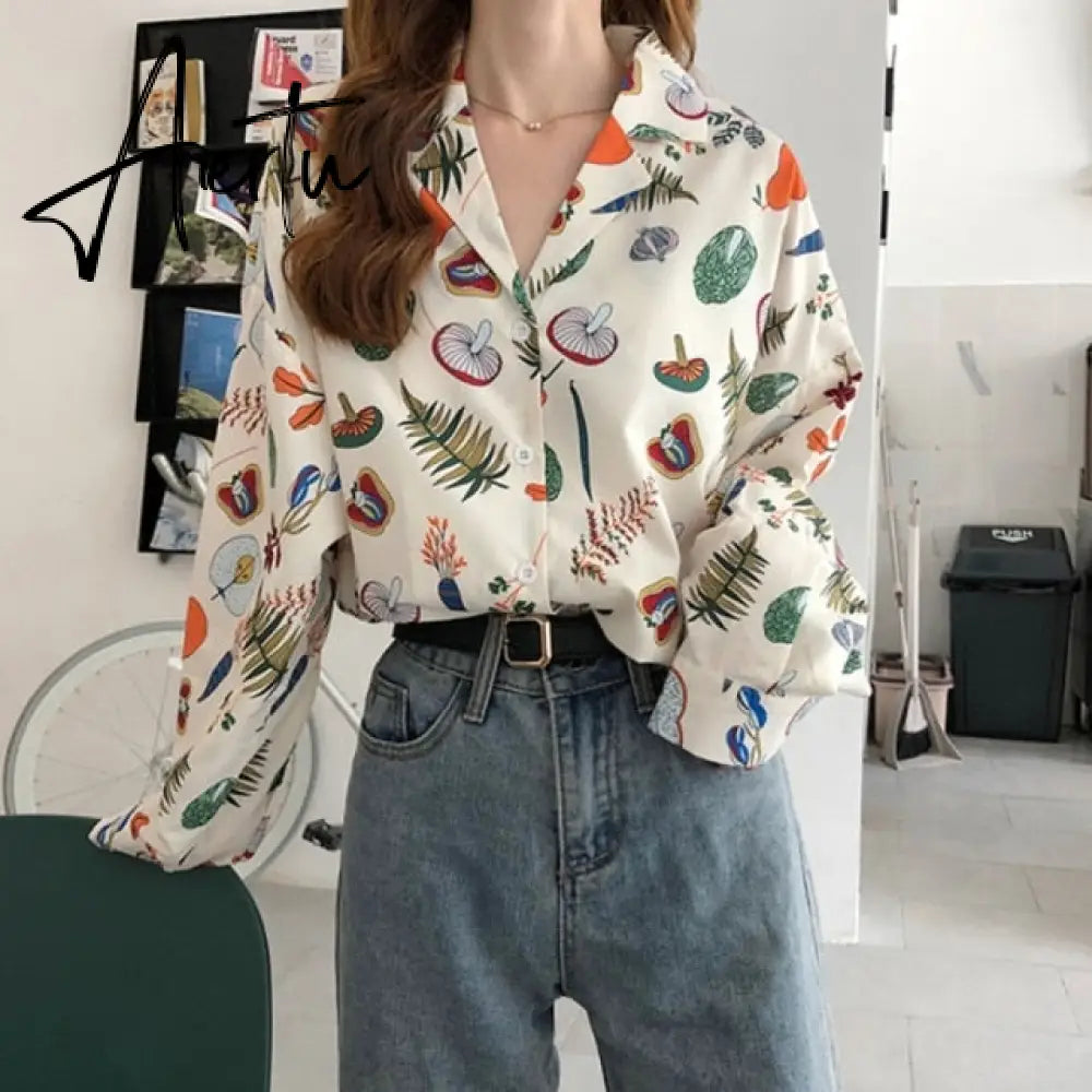Spring Summer Vintage Print Female Blouse Autumn Fashion Loose Long Sleeve Shirts V Neck Women Tops Aiertu