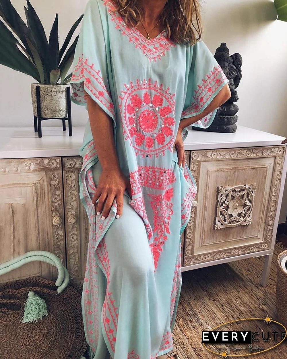 Retro Geometric Pattern Split Hem Loose Maxi Dress P14355