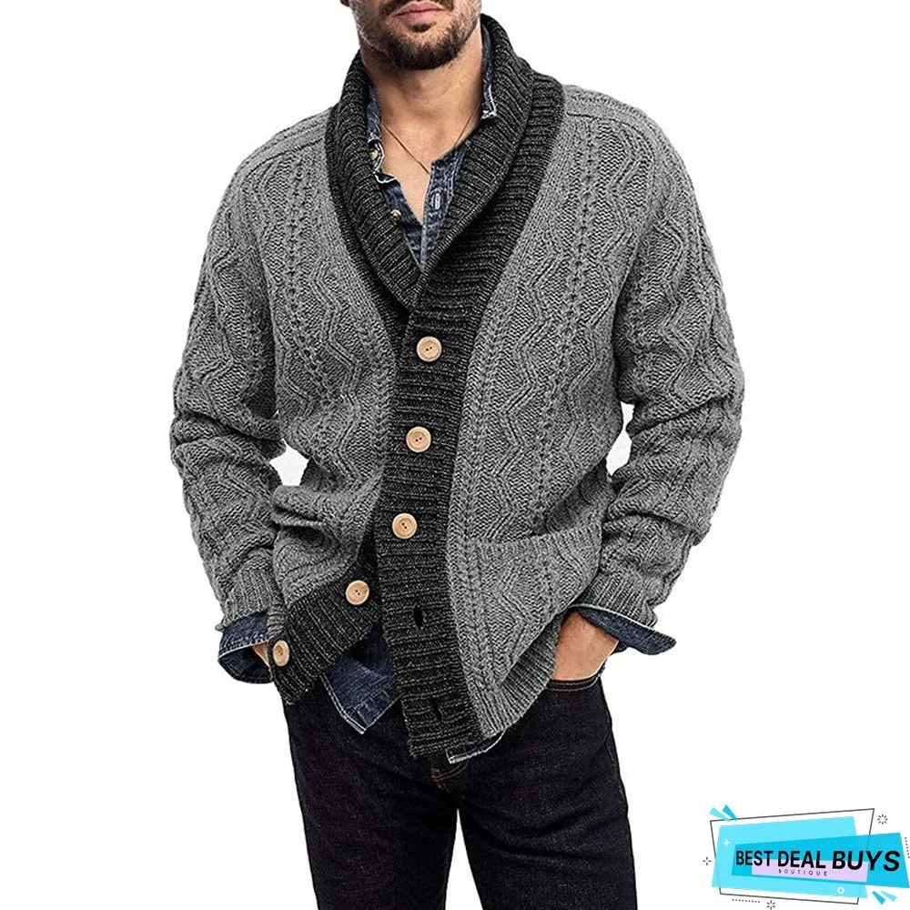Men's Cardigan Color Blocking Long Sleeve Lapel Knit