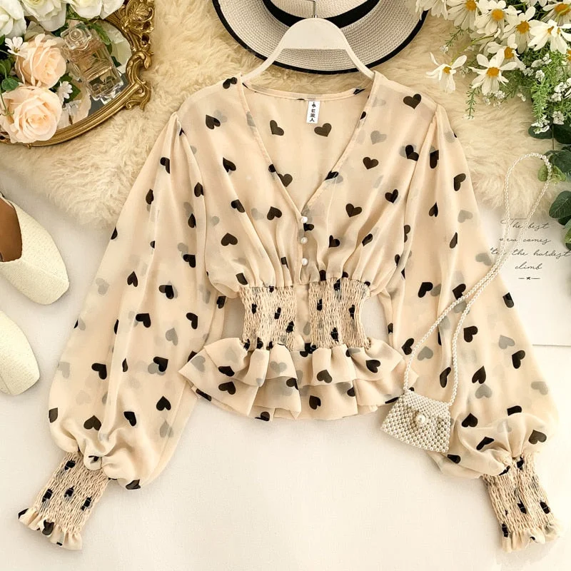 Women's Love Print Chiffon Shirt Top Spring Autumn V-neck Puff Sleeve Elastic Waist Double-layer Ruffled Tops and Blouses ML702