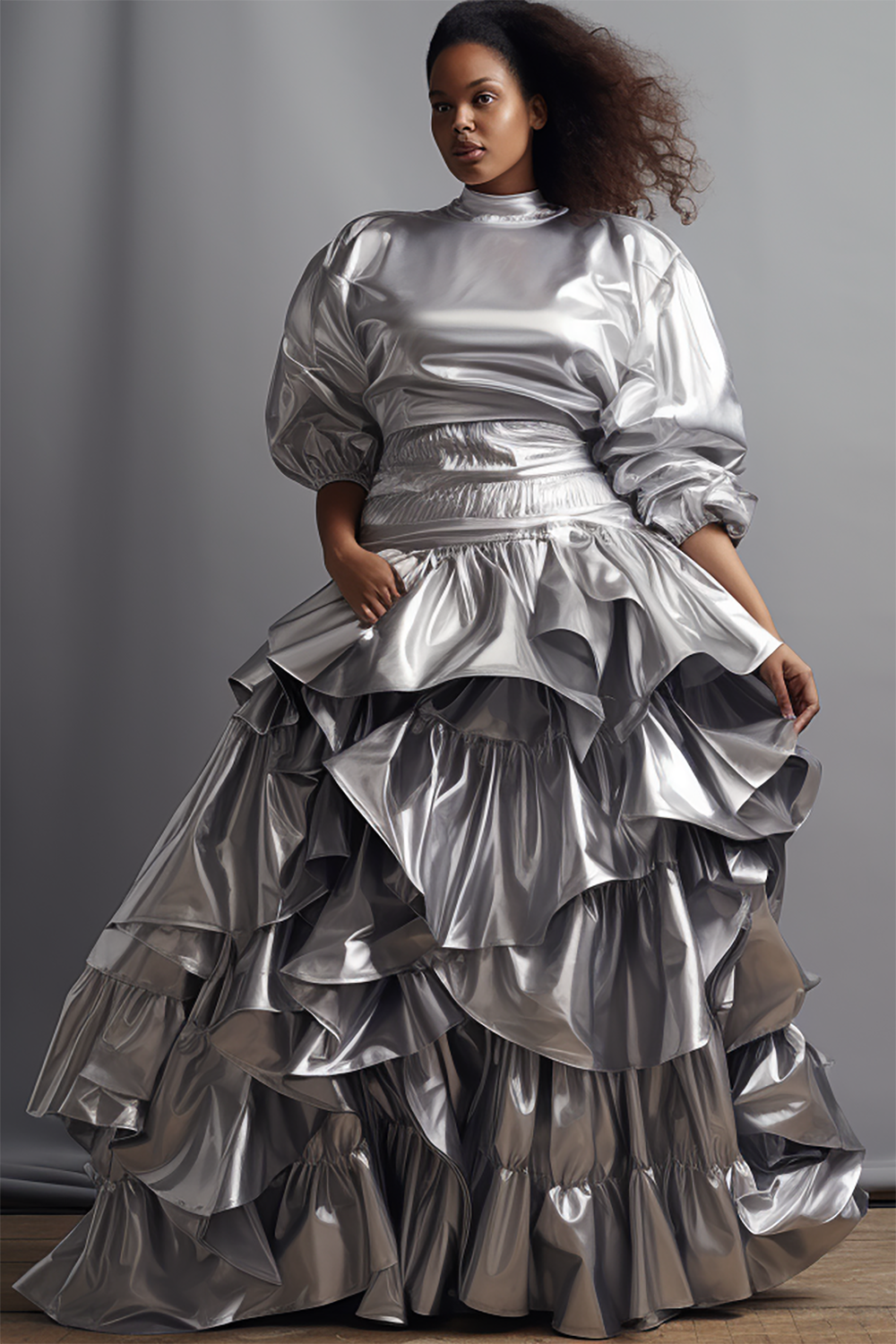 Design Plus Size Semi Formal Elegant Silver Spring Summer Mock Neck Puff Sleeve Half Sleeve Flounce Metallic Two Piece Skirt Sets [Pre-Order]