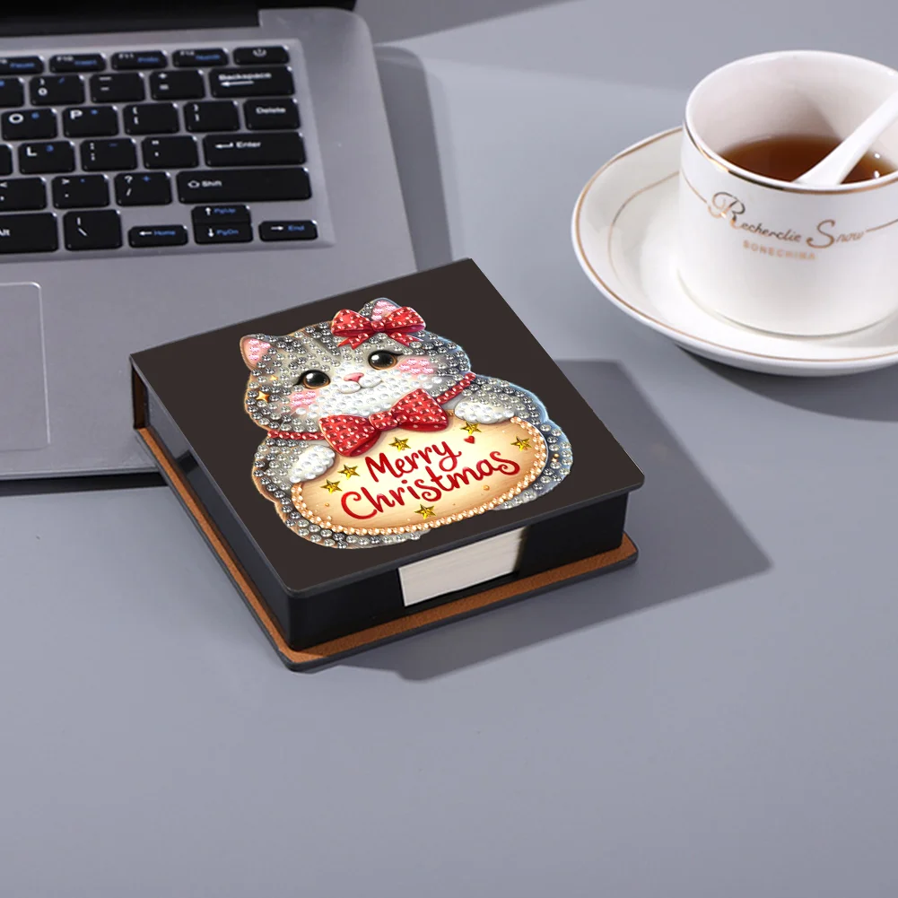 5D DIY PU Diamond Art Note Box with 160 Sheets Paper Memo Pad Holder Kit (Cat)