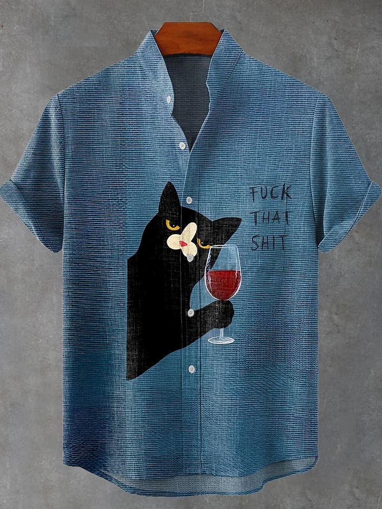 Men's Red Wine Cat Cheers Fuck That Shit Print Linen Blend Shirt