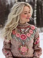 Boho Rose Knit Embroidered Art Women's High-neck Icelandic Sweater