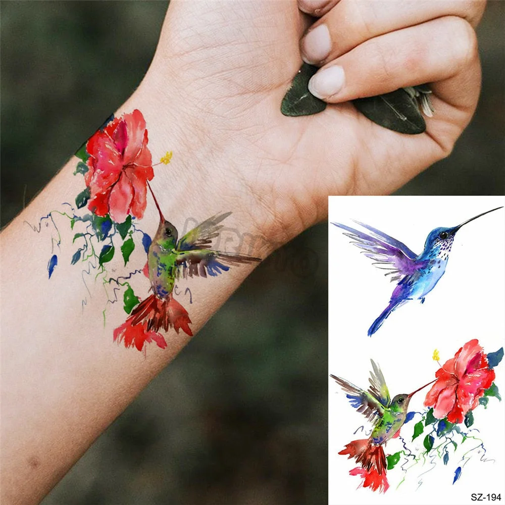 Colorful Dinosaur Temporary Tattoos For Kids Girls Rose Flower Lavender Hummingbird Fake Tattoo Sticker Forearm Neck Tatoos Show