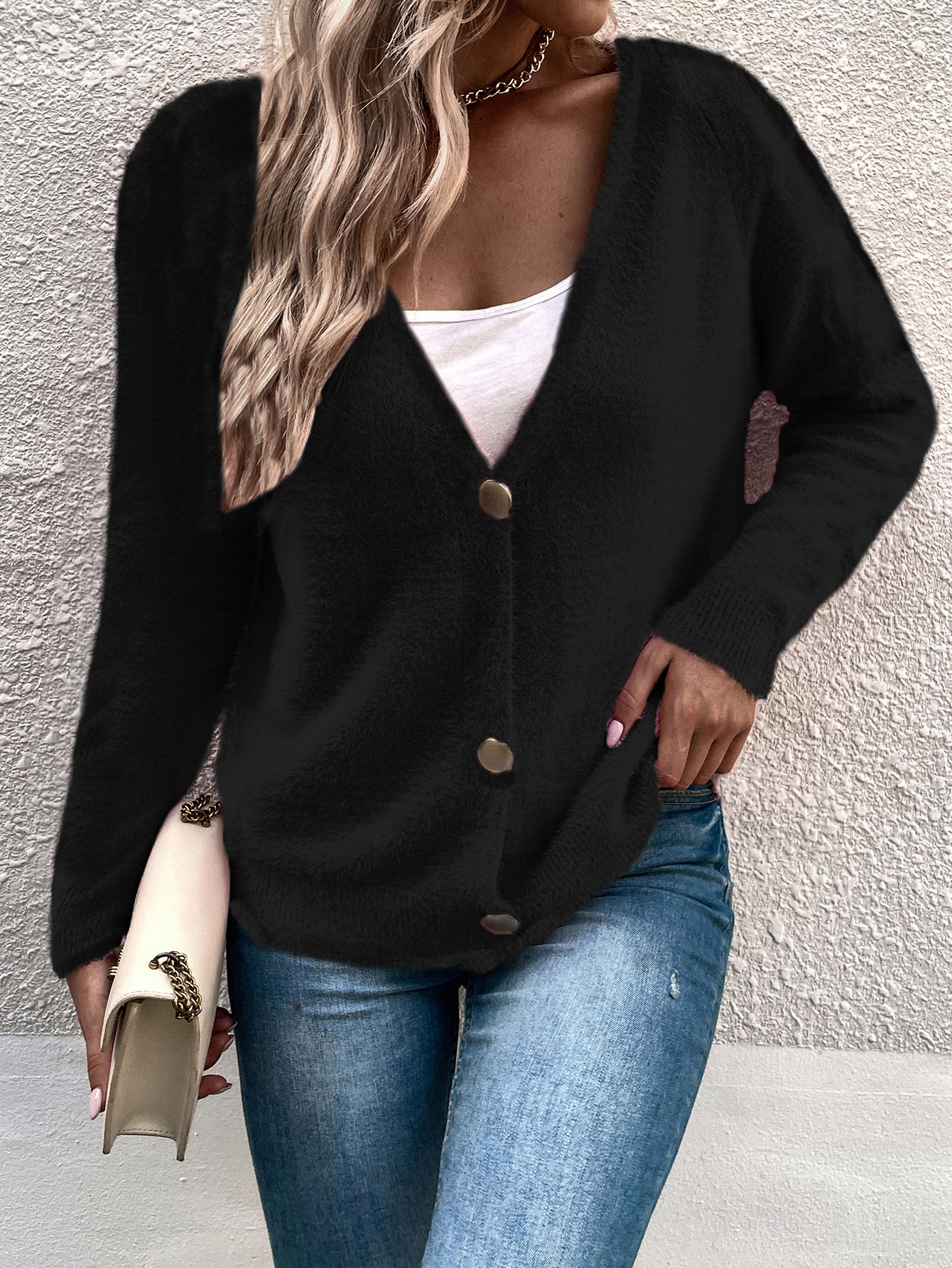 Women's Collarless Simple Loose Breasted Sweater Cardigan