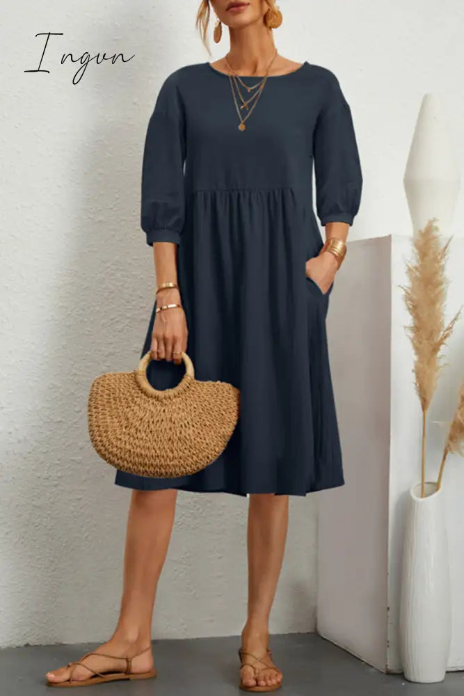Ingvn - Casual Simplicity Solid Color O Neck A Line Dresses(8 Colors) Deep Blue / S Dresses/Casual