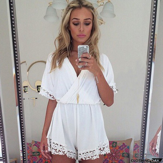 Sexy V-Neck White Lace Piece Pants