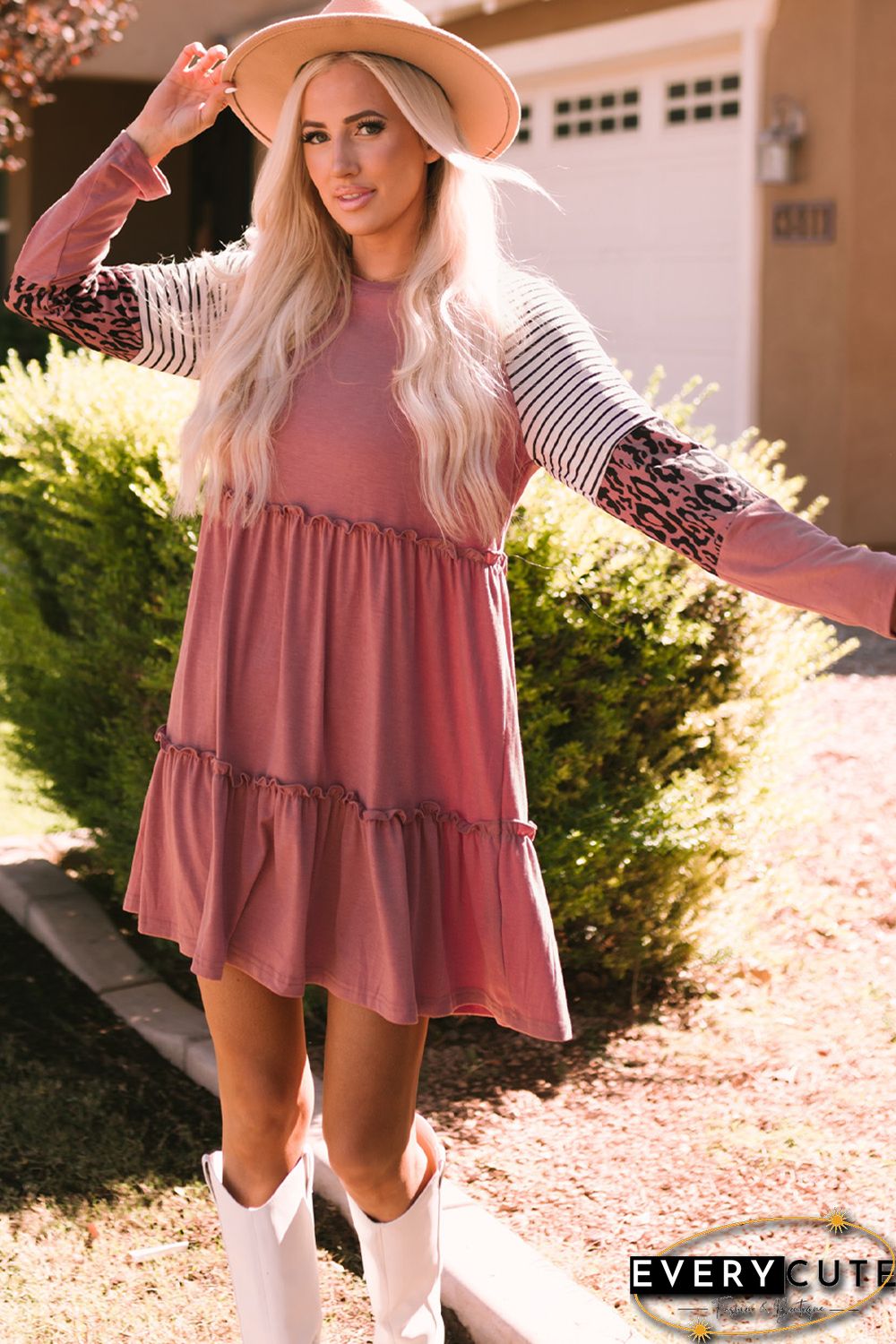 Pink Striped Leopard Patchwork Long Sleeve Mini Dress