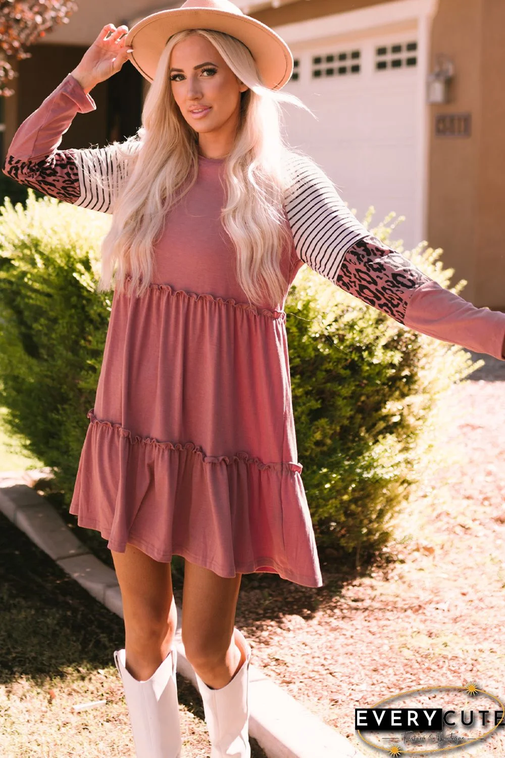 Pink Striped Leopard Patchwork Long Sleeve Mini Dress