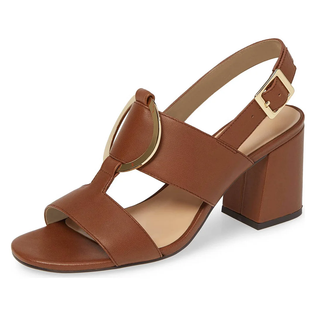 Women's Brown Vegan Leather Open Toe Buckle Block Heel Sandals