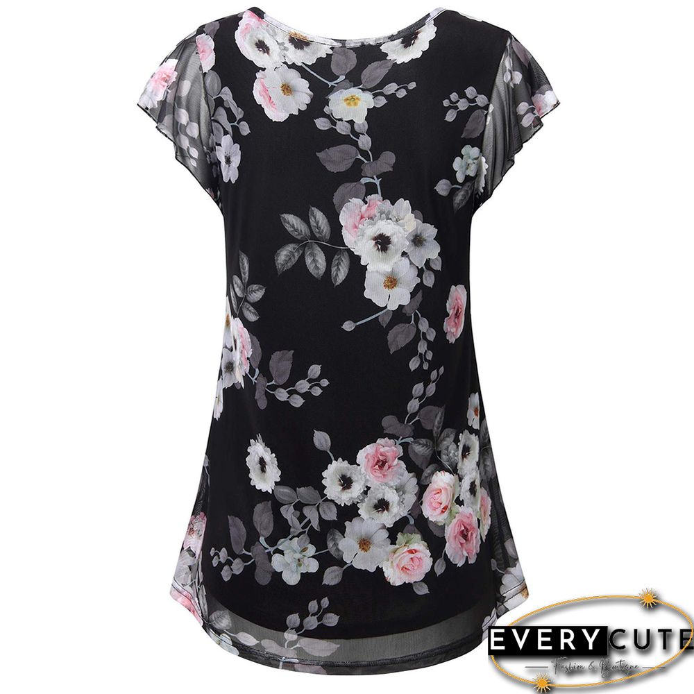 Pink Floral Print Splicing Mesh Tunic Tops