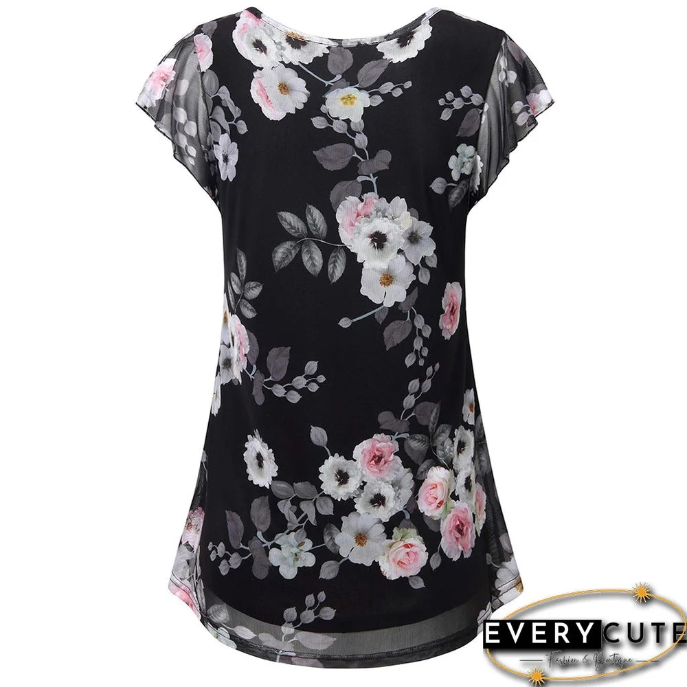 Pink Floral Print Splicing Mesh Tunic Tops