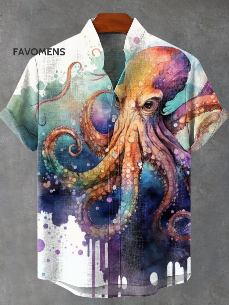Splash Ink Octopus Vintage Print Casual 100% Cotton Shirt Multicolor / S